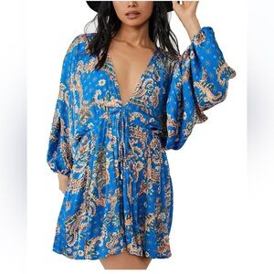 Free People Women's Printed Arzel Draped-Sleeve Blue Mini Dress Size XS